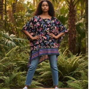 EAST 5TH NATALI BORDER BLACK VIBRANT FLORAL PRINT OVERSIZED BOXY TUNIC BLOUSE